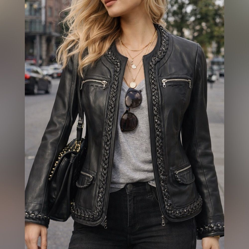 Pamela McCoy Black Braided Leather Jacket XS